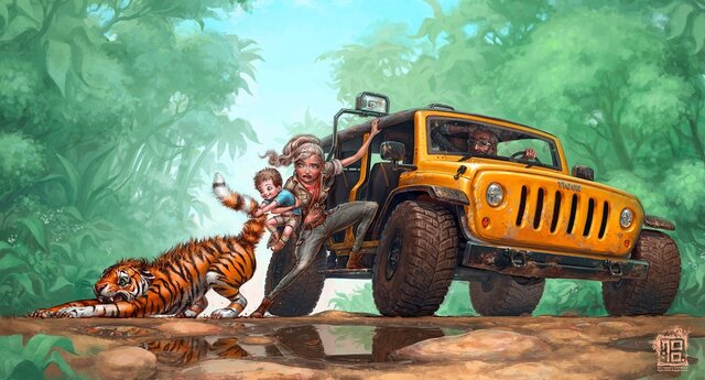 Art redreevgeorge jeep family child tiger tiger pulls jungle pools road 1