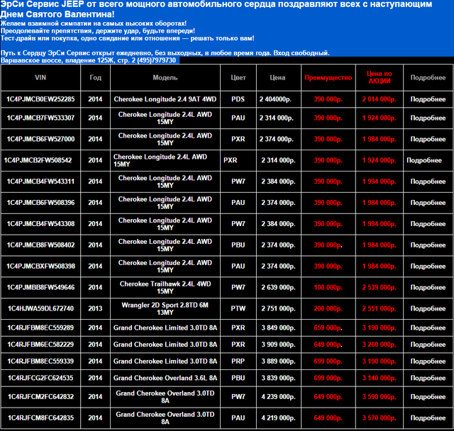 прайс-лист ЭрСи Сервис к Дню Святого Валентина на новые авто JEEP